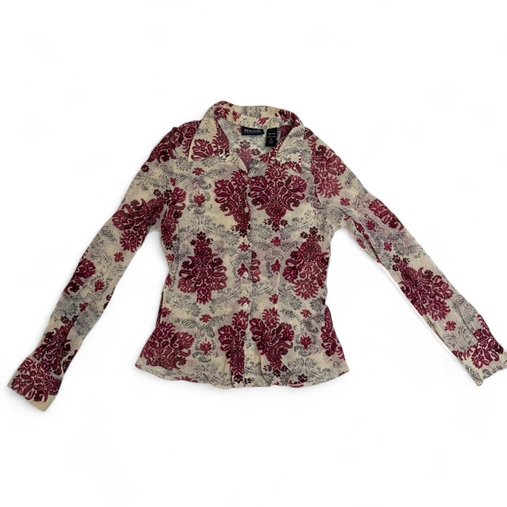 Retro NY&CO Mesh Button Up Tan/Maroon Boho Top - Picture 2 of 4